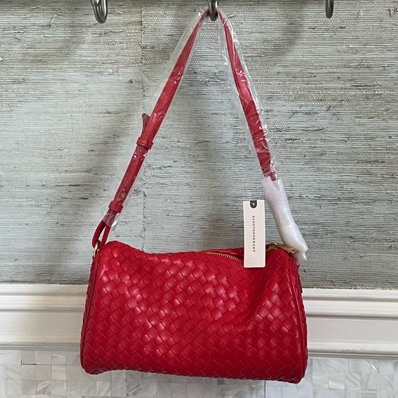 NWT new Anthropologie woven shoulder bag red faux leather zipper purse - Picture 13 of 14